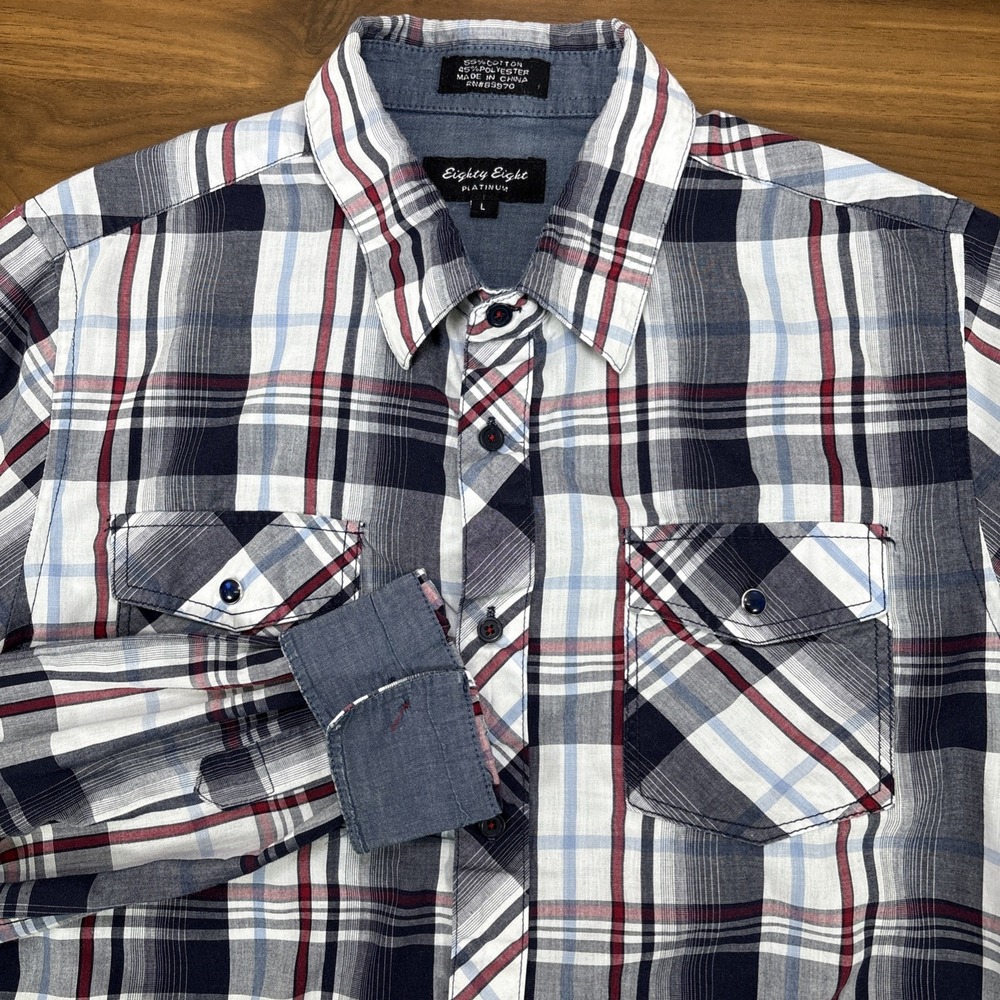 Eighty Eight Blue PLATINUM Plaid Flap Pocket Roll Tab Button‎ Dn Shirt Size L